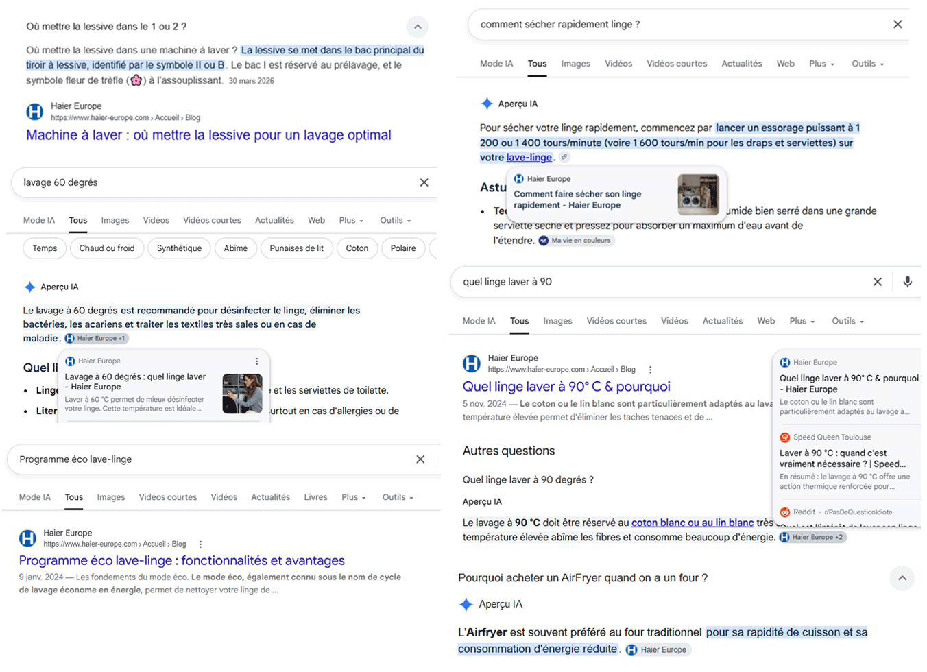 Exemples d'articles positionnés Google et AI overviews